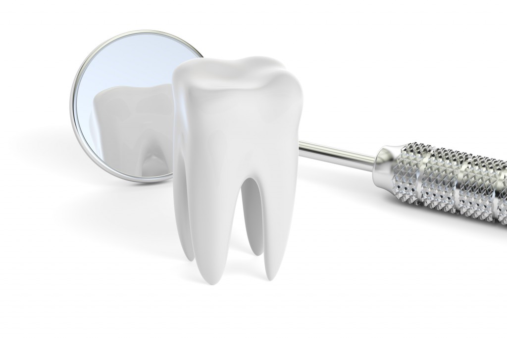 Dental concept, mouth mirror and tooth, 3D rendering